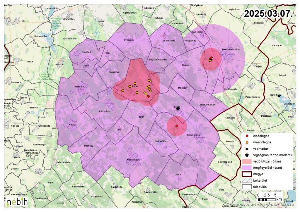 Madárinfluenza miatt elrendelt felügyeleti – és védőkörzet – 2025.03.07.