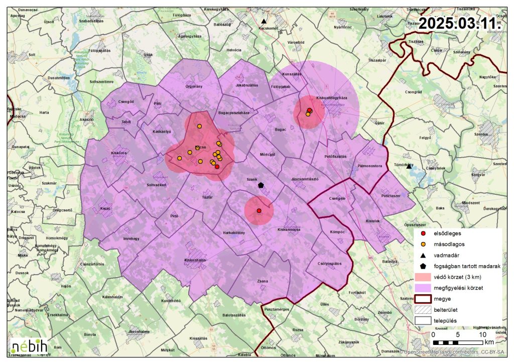Madárinfluenza miatt elrendelt felügyeleti – és védőkörzet – 2025.03.11.