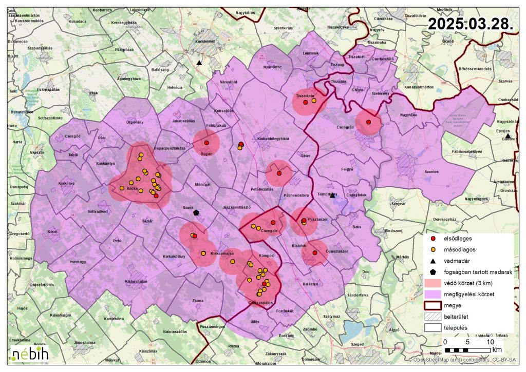 Madárinfluenza miatt elrendelt felügyeleti – és védőkörzet – 2025.03.28.