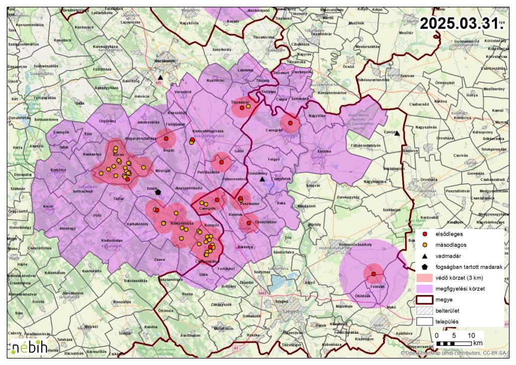 Madárinfluenza miatt elrendelt felügyeleti – és védőkörzet – 2025.04.01.