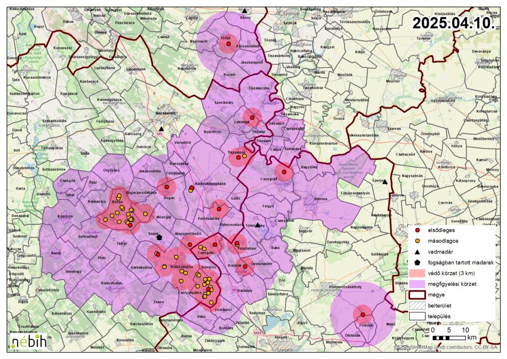 Madárinfluenza miatt elrendelt felügyeleti – és védőkörzet – 2025.04.11.