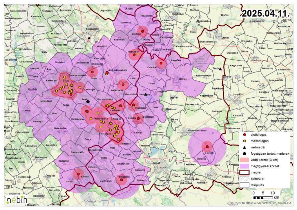 Madárinfluenza miatt elrendelt felügyeleti – és védőkörzet – 2025.04.11.
