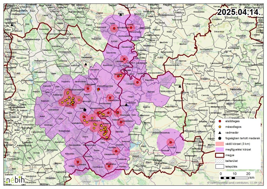 Madárinfluenza miatt elrendelt felügyeleti – és védőkörzet – 2025.04.15.