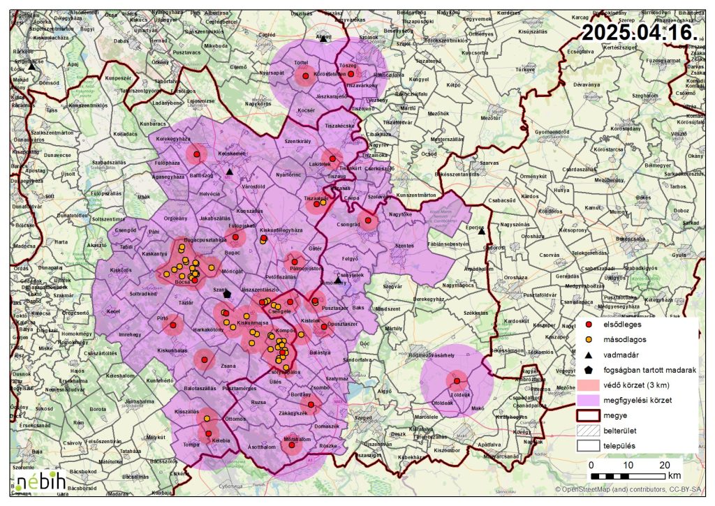 Madárinfluenza miatt elrendelt felügyeleti – és védőkörzet – 2025.04.16.