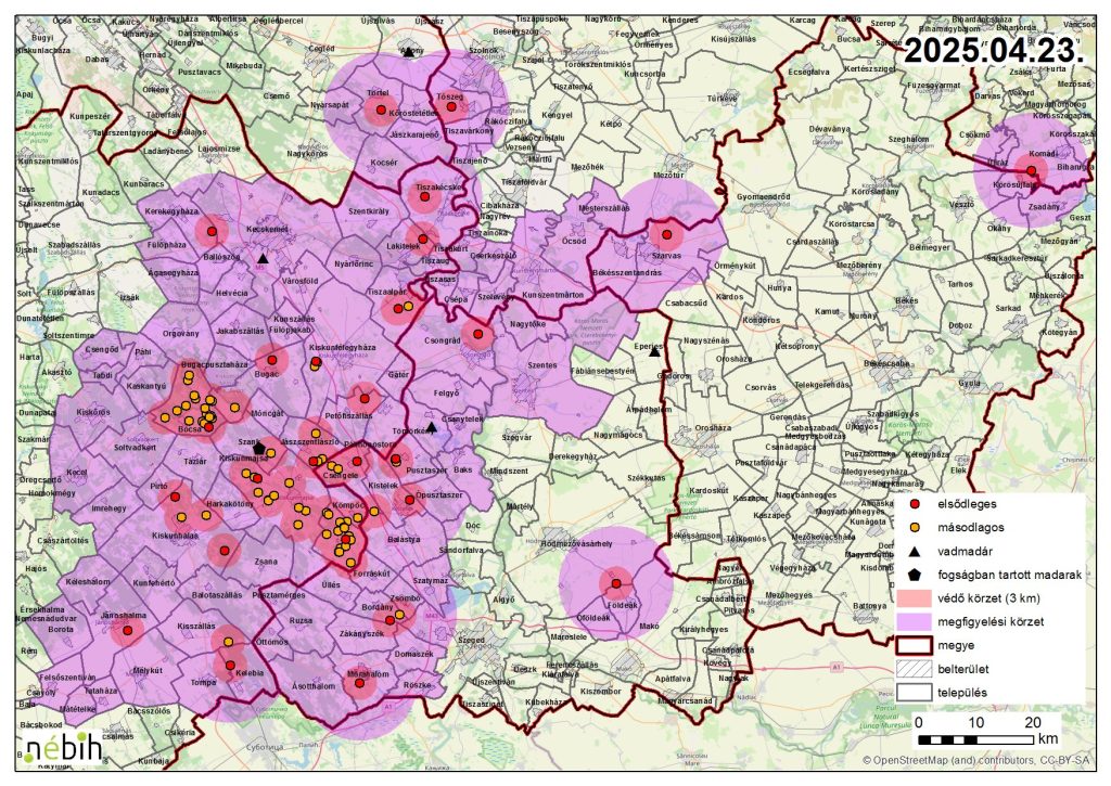 Madárinfluenza miatt elrendelt felügyeleti – és védőkörzet – 2025.04.23.