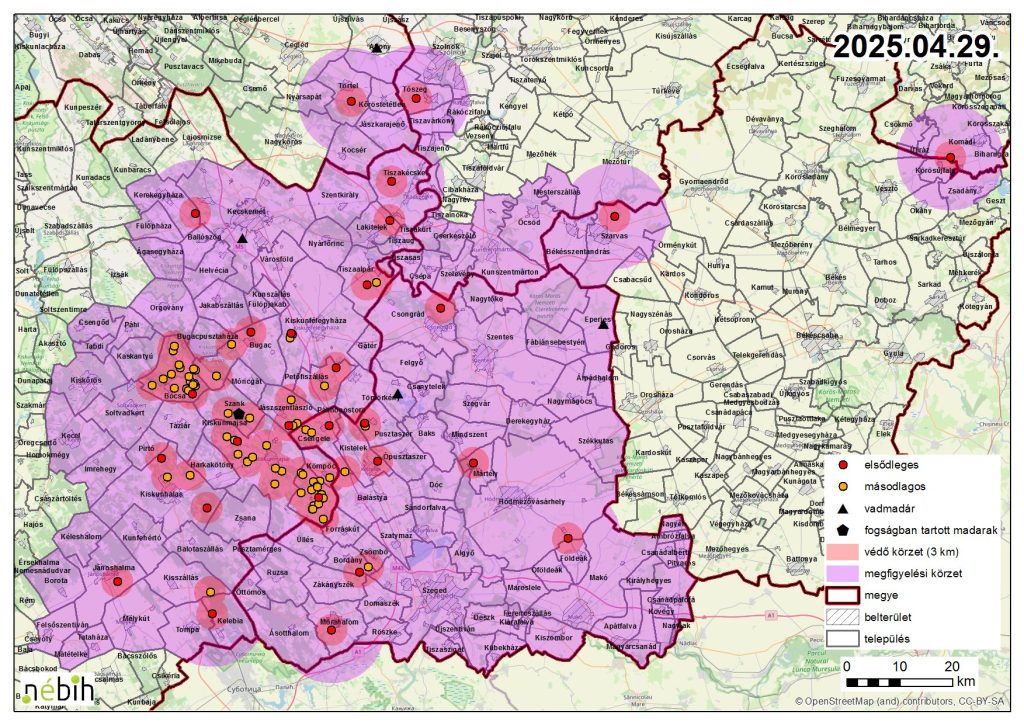 Madárinfluenza miatt elrendel felügyeleti – és védőkörzet – 2025.04.29.