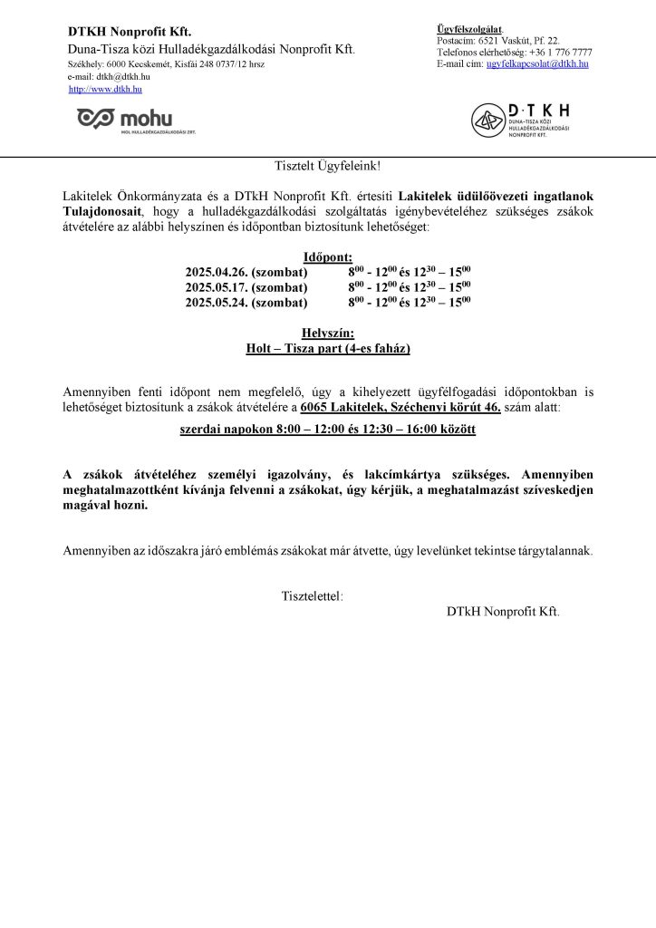 Tájékoztató üdülőövezeti zsákosztásról