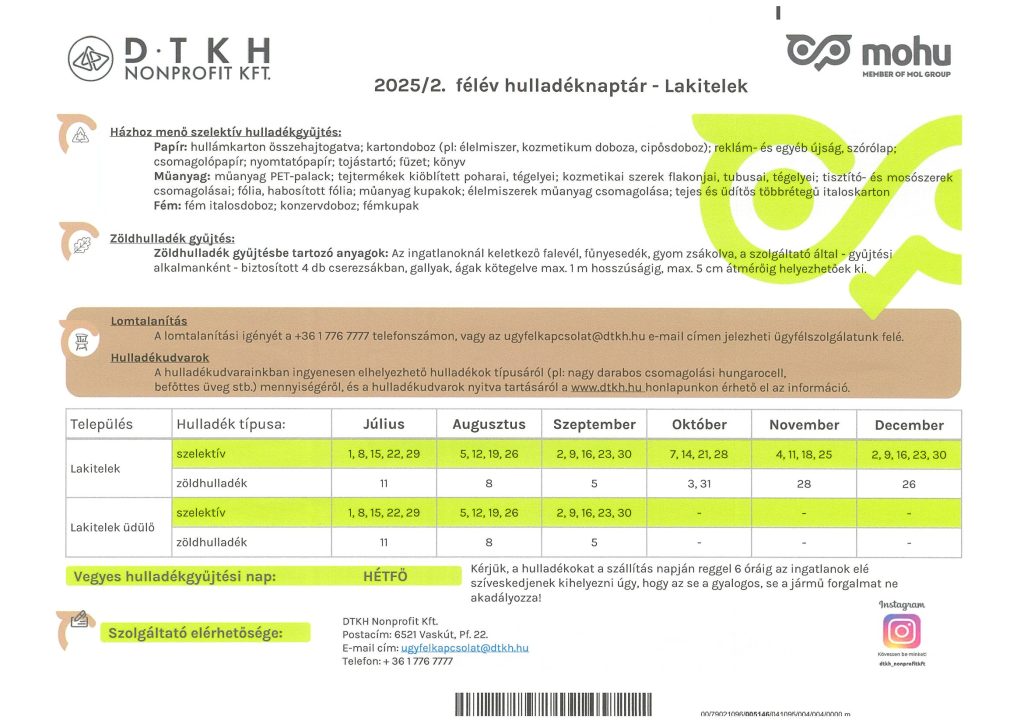 Hulladéknaptár – 2025. második félév