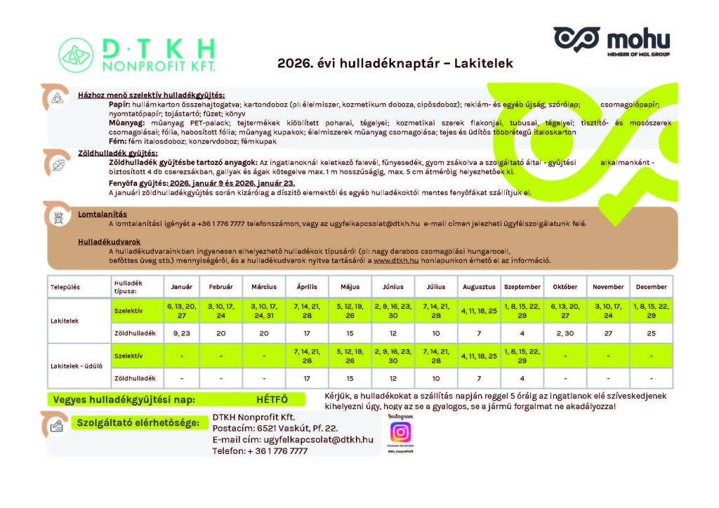 DTKH hulladéknaptár 2026.