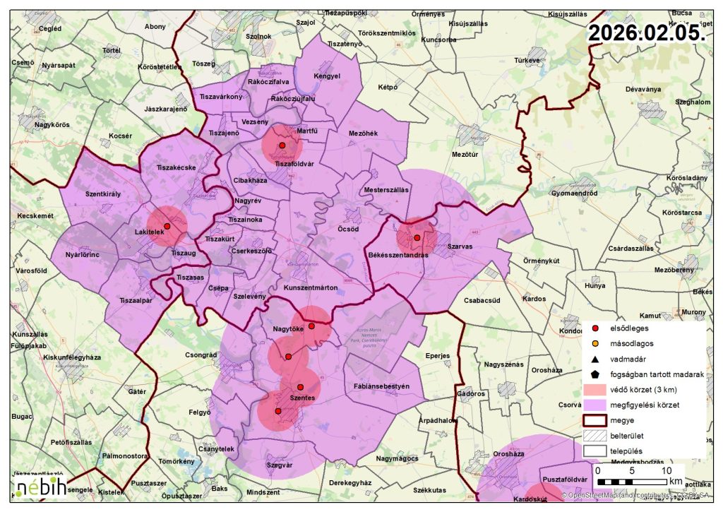 Madárinfluenza miatt elrendelt felügyeleti- és védőkörzet – 2026.02.05.