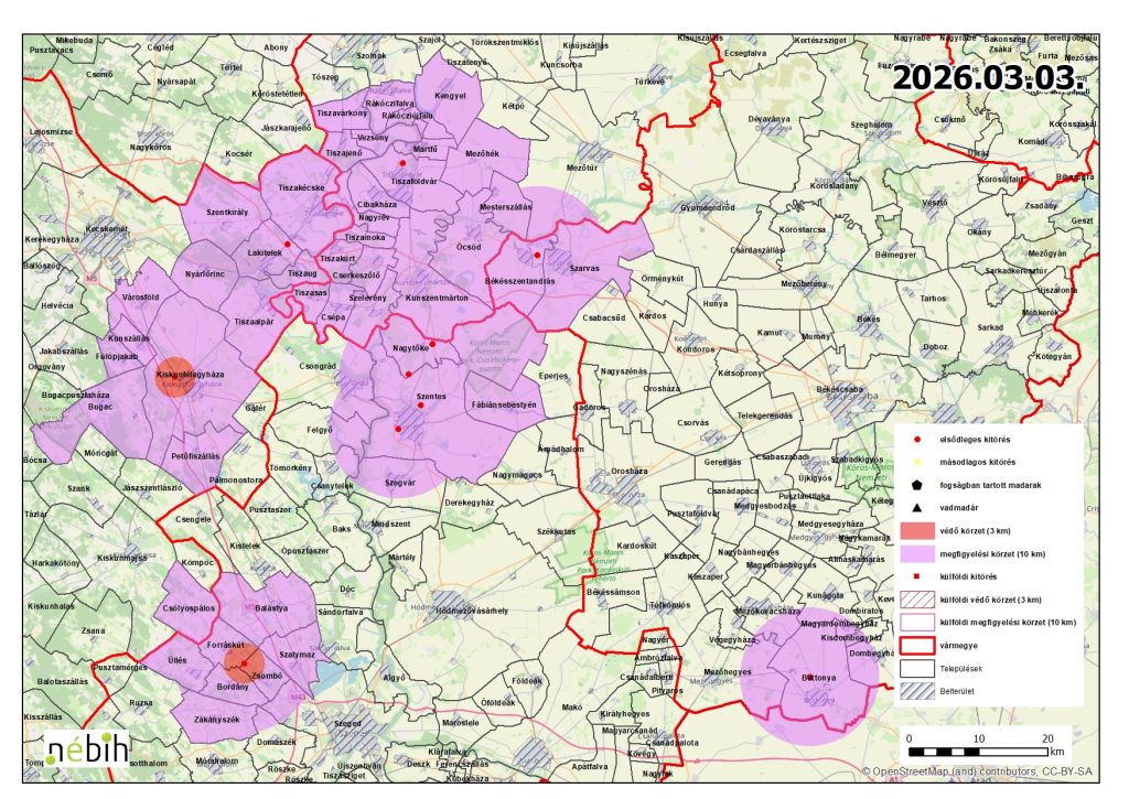Madárinfluenza miatt elrendelt felügyeleti- és védőkörzet – 2026.03.03.