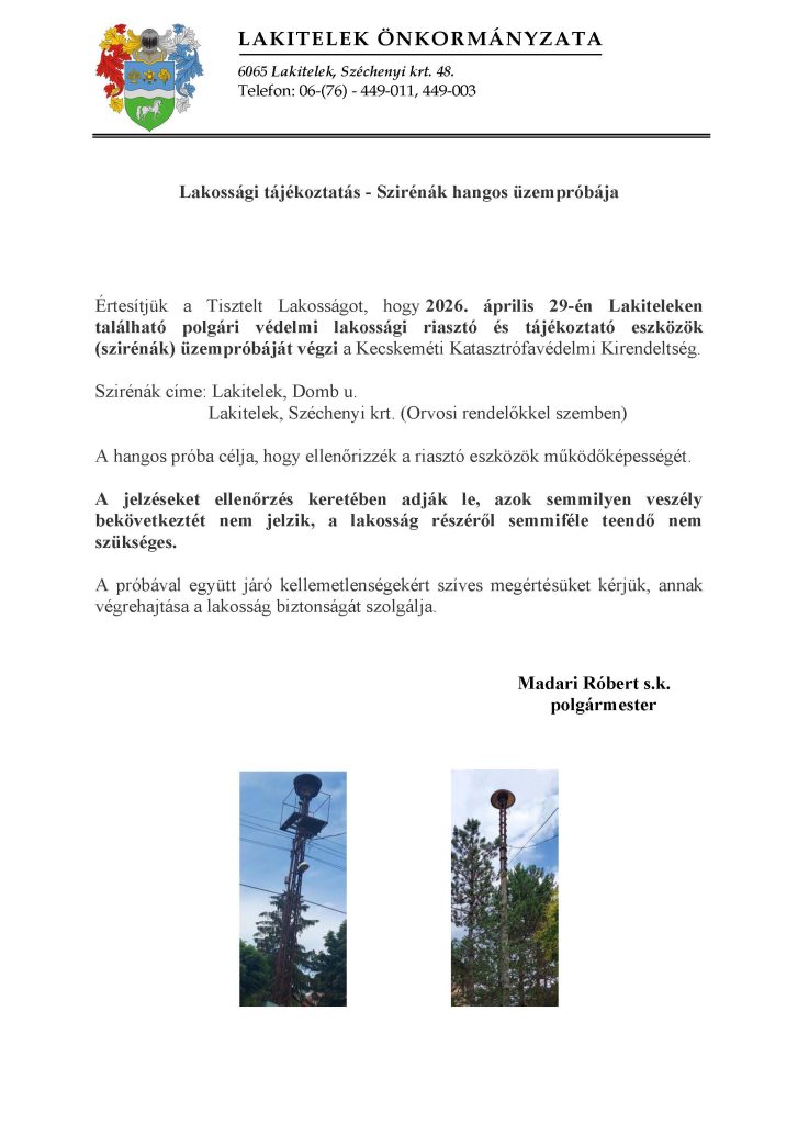 Lakossági tájékoztatás – Szirénák hangos üzempróbája