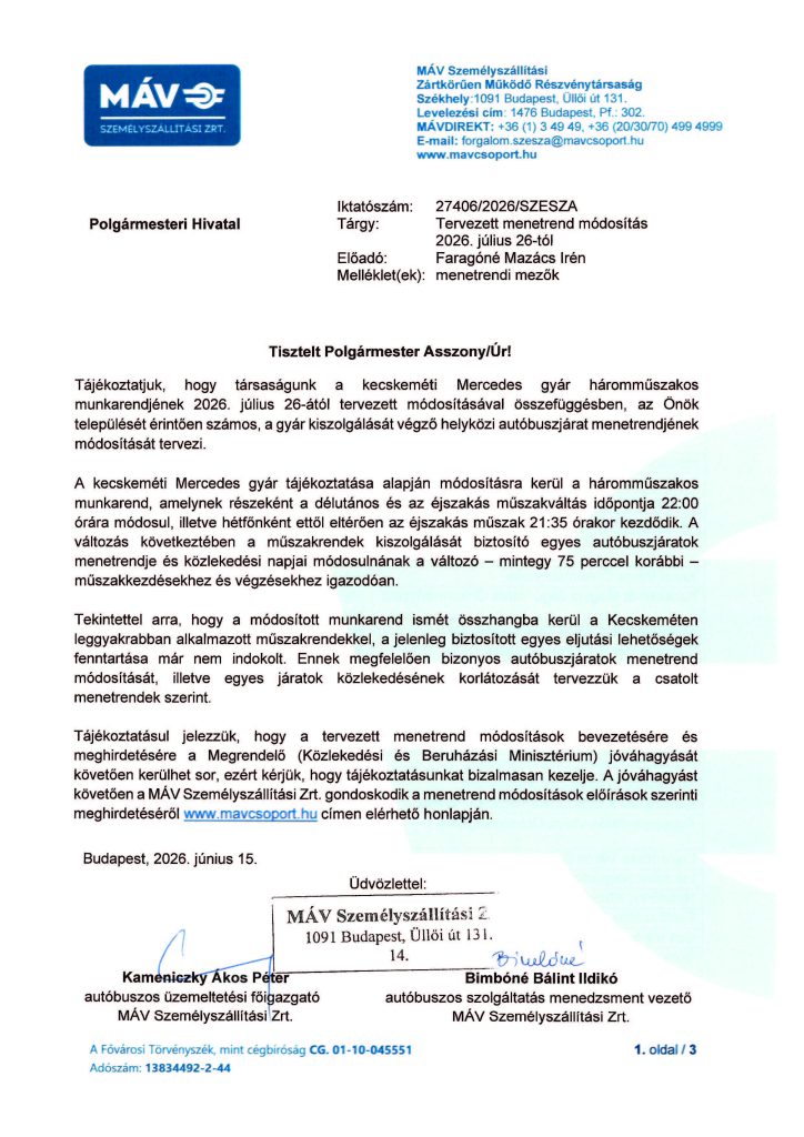 Tervezett MÁV menetrend módosítás július 26-tól